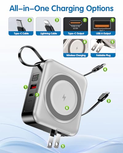 10000mAh for Magsafe Portable Charger Built-in Cables & AC Wall Plug,White - color: White