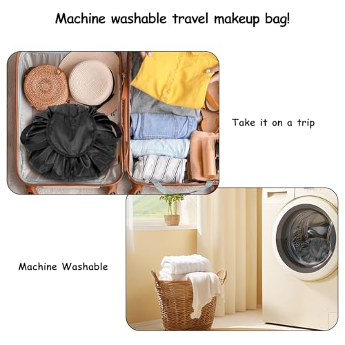 Drawstring Makeup Bag Open Lay Flat - Travel Cosmetic Organizer Bag for Women - Toiletry Bag with Brush Holder - Black, Large Capacity, Travel Essential - color: Black