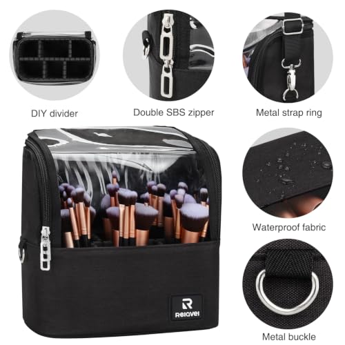 Makeup Brush Bag, Stand-up Makeup Brush Holder with Adjustable Divider - color: A1-Black, size: 1-Large