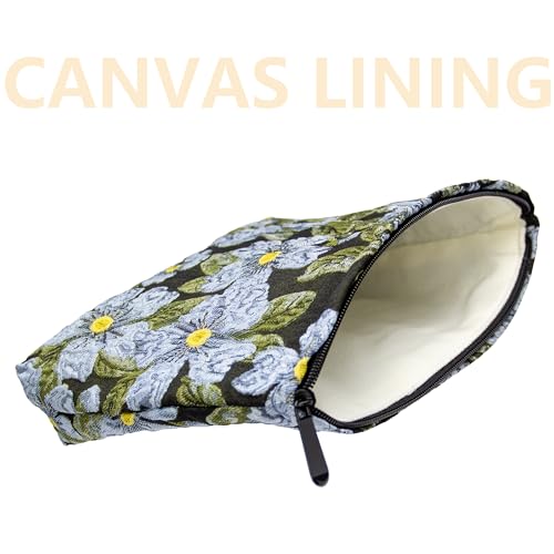 Flat Makeup Bag for Women,Zipper Cosmetic Pouch Purse,Brocade Flower Black - color: Brocade Flower Black
