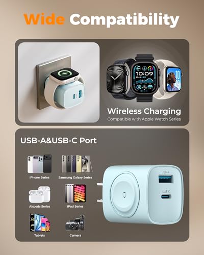 Charging Blocks for Apple Watch, 3-in-1 PD 20W USB C Charger Block with Built-in Wireless Watch Charging, Dual Ports Wall Charger Compatible with iPhone,iWatch,Blue - color: Blue