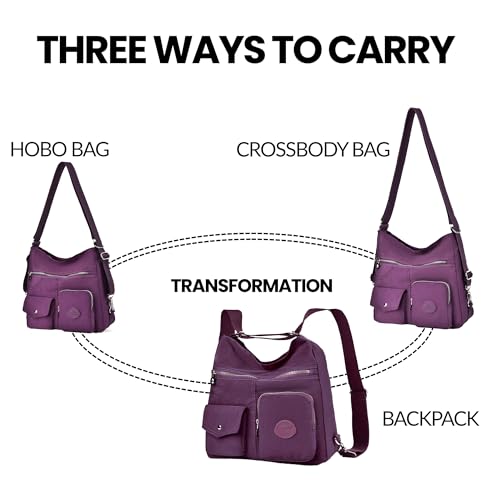 Hobo Purse for Women, Nylon Crossbody Shoulder Handbag Convertible Backpack - color: Purple