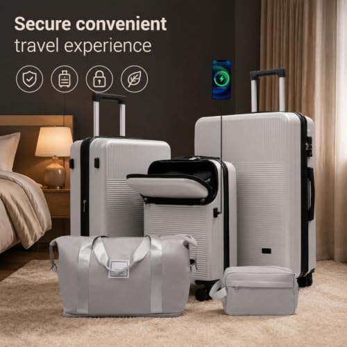 5 Piece Hardside Luggage Set with Half-Opening Front Compartment, Carry On Suitcase with Double Spinner Wheels, Lightweight Travel Luggage with USB Port and TSA Locks - color: Silver