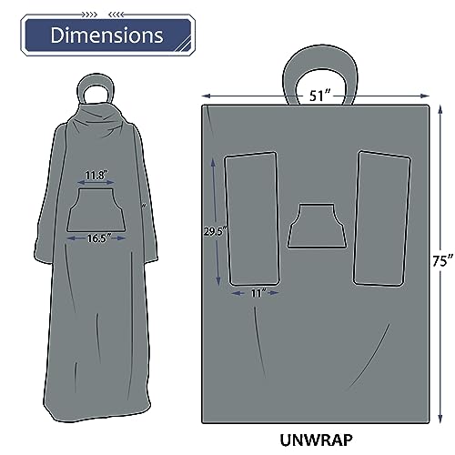 Tirrinia Hood Wearable Fleece Blanket with Sleeves for Adult Women Men, Super Soft Comfy Plush Functional TV Blanket Throw Cuddly Wrap Cover for Bed Sofa and Lounge Chair Couch - color: # Grey