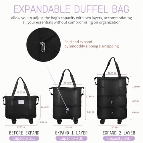 Expandable Foldable Duffle Bag with Wheels, Detachable Rolling Wheels & Telescopic Handle, Lightweight Carry On Travel Bag for Men Women, Ideal for Business Trip Gym Weekend Getaway - color: Pink