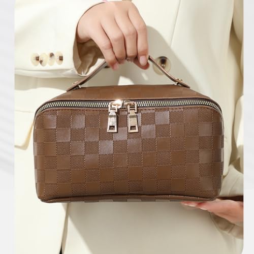 Large Capacity Makeup Bag Portable Travel Cosmetic Bag for Women Girls Gift Makeup Pouch Portable Zipper Bag (White Checkered - upgrade) - color: White Checkered - upgrade