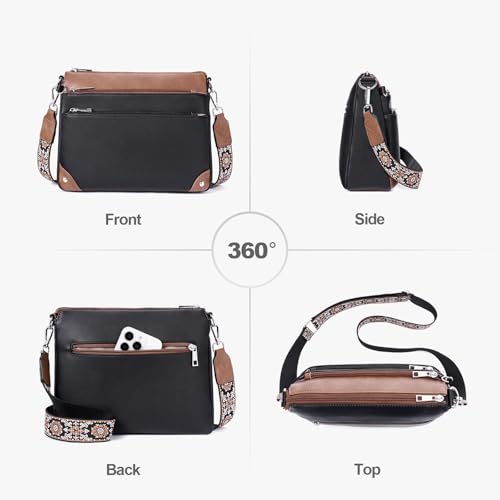 Crossbody Bag for Women, RFID Vegan Leather Medium Purse - color: Black With Brown