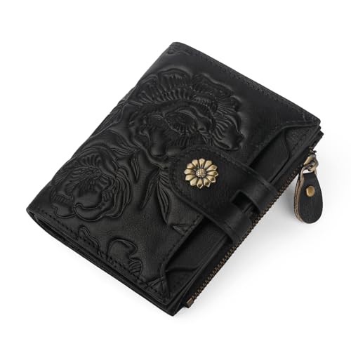 Womens Wallet,RFID Blocking Leather Wallet Womens Bifold Card Holder Small Compact Wallet for Women with Removable ID Window(yhblack) - color: c2-embossed black