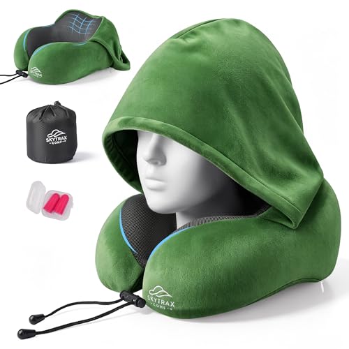 SkytraxComf® Travel Neck Pillow with Hood for Privacy on Long Flights - color: Olive