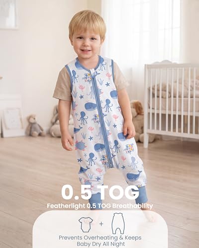 Toddler Sleep Sack with Feet 2-3T 0.5 Tog Sleep Sack with Legs - color: Blue Whale, size: 2-3T
