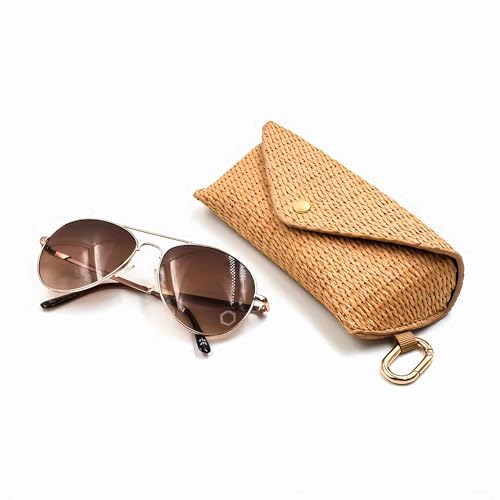 Woven Straw Sunglasses Case, Boho Rattan Soft Bag Eyeglass Travel Glasses Case Hard Shell With Clip Hook, Protective Key Chain Organizer Storage Holder Pouch For Women Men Fashion Accessories Vacation