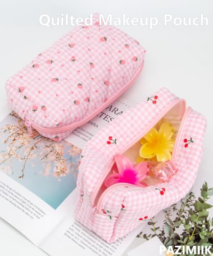PAZIMIIK Small Quilted Makeup Bag,Zipper Cosmetic Pouch,Gingham Pink Cherry - color: Gingham Pink Cherry