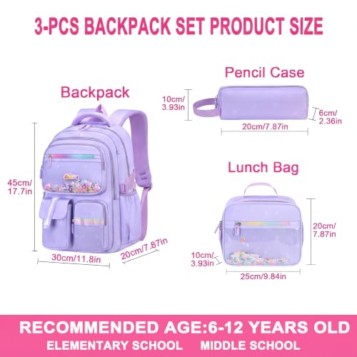 Girls Backpack Set 3PCS Ages 6-12, Kids School Backpack - color: Purple Sequin