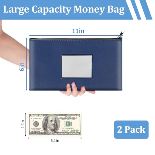 2 Pack PU Leather Bank Money Bags with Zipper & Label, Navy Blue - color: Navy Blue