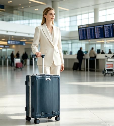 feilario PC Hardside Carry On Luggage, Aluminum Frame, TSA Lock, Cup Holder - color: A7-dark blue (zipperless closure), size: 20.8"