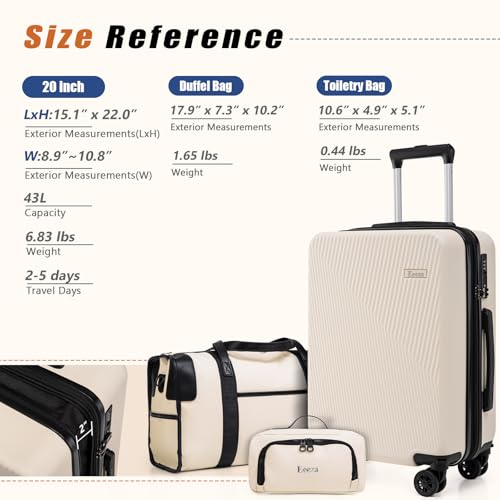 3-Piece Airline Approved Hardcase Carry on Luggage Set 20" Beige | Scratch Resistant ABS Build with Ergonomic Telescopic Handle Smooth Spinner Wheels 22x14x9 Travel Set TSA Lock - color: Beige, size: 3 piece