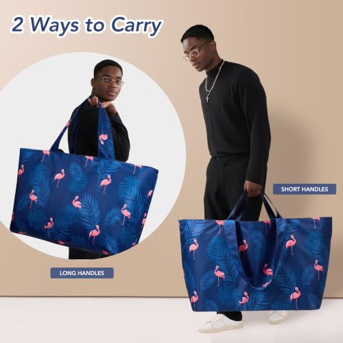KALIDI 60L Extra Large Beach Tote Oversized Bag Zipper Utility Weekender - color: Blue Flamingo