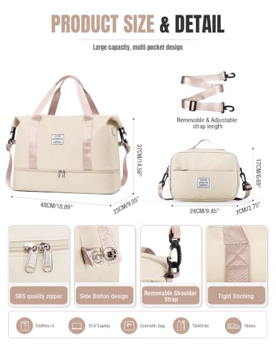 Weekender Bags for Women Travel Weekend Overnight Bag with Shoe Compartment - color: B -Beige + Packing Cube