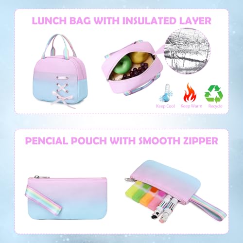 ACESAK 3PCS Teen Girls Backpack with Lunch Bag Set&USB Charging Port - color: Pink-to-blue Gradient