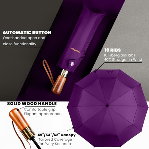 SIEPASA 49/54/62 Inch Windproof Golf Umbrella - Automatic Open/Close, Real Wood Handle - Large Folding Travel Umbrella for Wind, Rain & Sun Protection.(Purple/62) - color: Purple, size: 62 Inch