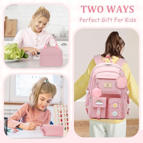 School Backpack For Girls - 6pcs Cute Girls Backpack With Lunch Box Set For Teens Women College Middle High School - 18″ School Bookbag Travel Back Pack - color: Pink-backpack Set