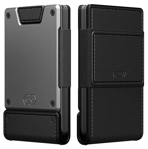 PROOF Slim Minimalist Wallets for Men | Leather & Metal | RFID Wallet - color: Apex (Full Grain Black Leather | Satin Gun Metal)