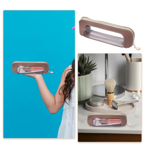 Psyqtsuary Small Clear Make Up Bag, PU Leather Portable Makeup Brush Pouch - color: Light Brown