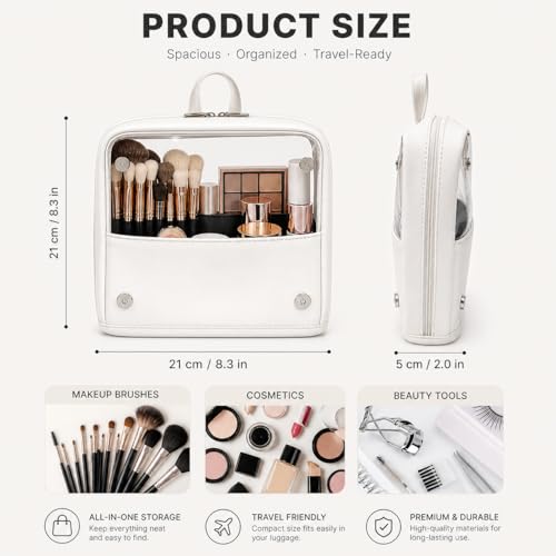 YDR Clear Makeup Brush Bag, High Capacity Stand Up Makeup Brush Holder, Travel Professional Cosmetic Brush Organizer Case, Foldable Makeup Tool Bag for Women and Artists - color: White
