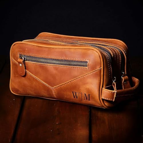 HomeWetBar Personalized Leather Toiletry Bag for Men, With with Waterproof Compartments, Custom Shaving, Travel Dopp Kit, Grandpa, Dad, Husband, Father, Him, Boyfriend