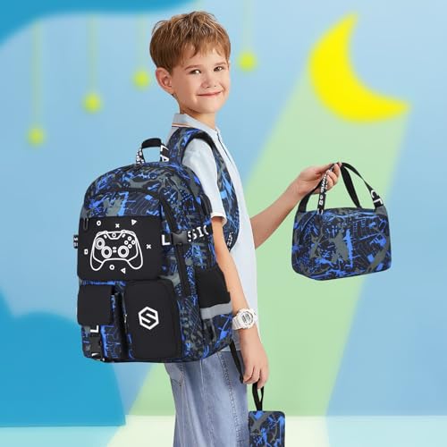 Scothen Boys Backpack, Cool Luminous Kids School Backpacks with Lunch Bag - color: Blue Print