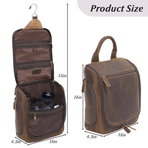Versatile Genuine Leather Travel Hanging Toiletry Bag, A Dark Brown Hanging Makeup Organizer for Men or Women, Water-resistant Shaving Kit Bag Suitable for Camping and Travel Trips