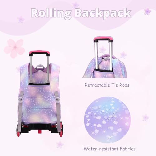 3Pcs Rolling Backpack for Girls Dream Princess Wind Bookbag with Wheels Travel Bag Trolley School Bag with Lunch Box Purple - color: 3 Pcs Purple-6 Wheels, size: 3 Pcs 6 wheels