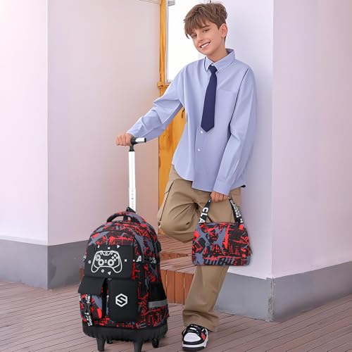 Scothen Cool Luminous Rolling Backpack for Boys with Lunch Bag Pencil Pouch - color: Red