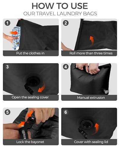 Travel Laundry Bag, Pump-Free Vacuum Compression Dirty Clothes Bag, Reusable Waterproof & Washable Laundry Bag, Wet and Dry Bag, Ideal for Suitcases, Road Trip Essentials (2 Pcs, M+L) Black - color: Black, size: Medium + Large (2PS)