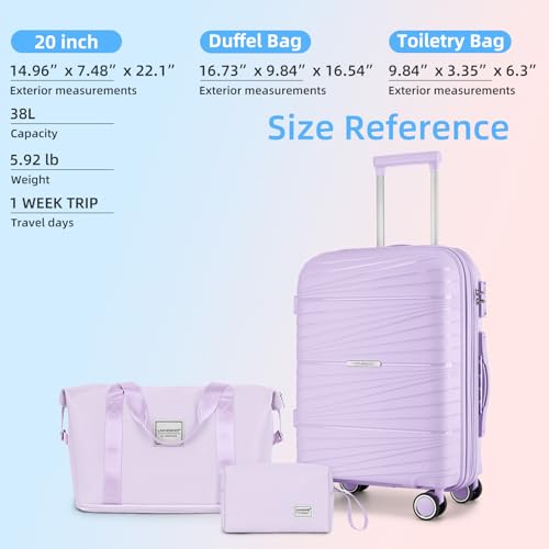 LARVENDER Carry On Luggage 22x14x9 Airline Approved, Suitcases with Wheels - color: Lavender, size: 3 Piece Set (20/DB/TB)