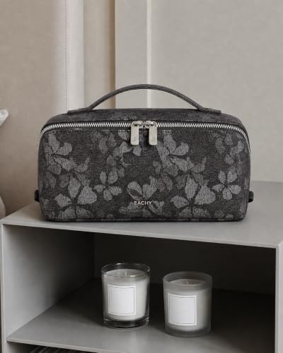 EACHY Makeup Bag, Waterproof PU Leather Travel Toiletry Bag for Women, 180° Wide-Open Flat Cosmetic Bag, Large Capacity Makeup Pouch with Divider and Handle - color: CE-Dark Gray Print, size: Medium