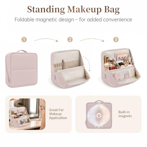 Travel Makeup Bag Standing Folding Leather Cosmetic Organizer with Handle - color: Dusty Pink, size: X-Large