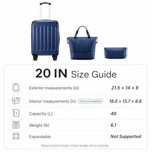 YOETEY Lightweight Hardshell Carry On Luggage, 20 Inch, 3-Piece Set - color: Blue, size: 3-Piece Luggage Set