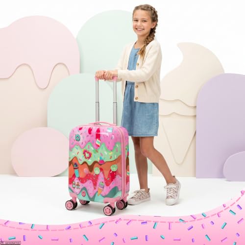 Kids 4 Piece Luggage Set 16" Hard Shell Suitcase Cute Ice Cream Pattern, Rolling Wheels Travel Gift for Girls - color: Pink Ice Cream