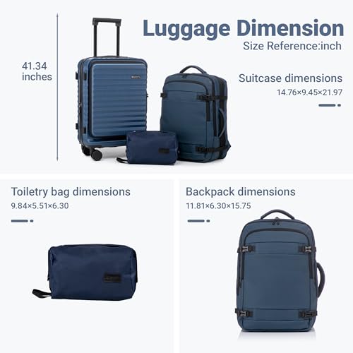 Rosamo 3 Piece Carry On Luggage Set, 20 Inch Front Opening Hardside Suitcase, Spinner Wheels, TSA Lock - color: DarkBlue