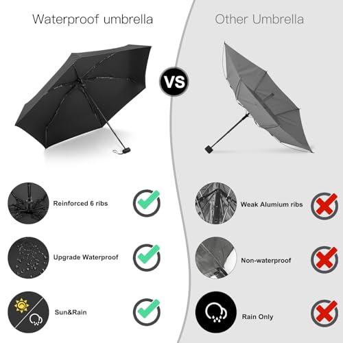 Mini Travel Umbrella Compact for Purse Lightweight Nano Waterproof for Rain - color: 02.Black-2Pack