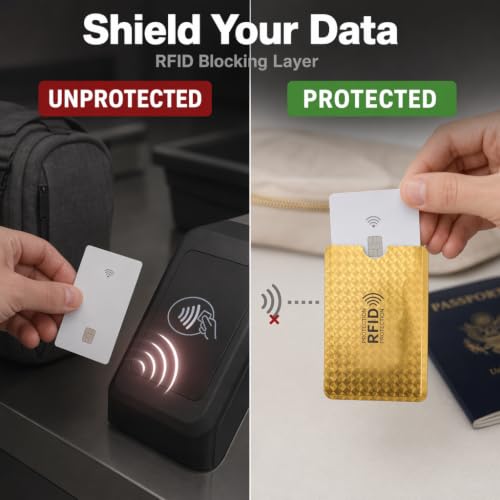 RFID Blocking Sleeves Set, Identity Theft Protection Secure Sleeves Set | Sealed shielding layer block signal leakage; Notch cut easy card sliding access; Durable tear-resistant foil composite film