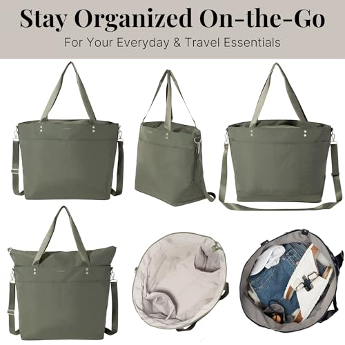Baggallini Carryall Tote - Lightweight Nylon Zipper Top Weekender Travel Beach Bag w/Luggage Sleeve - color: Thyme