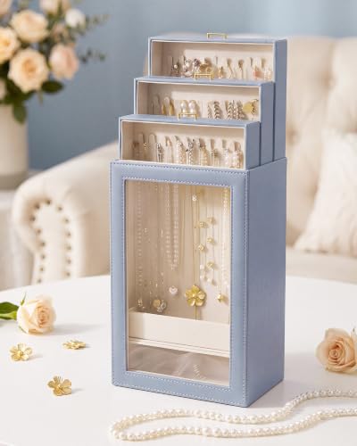 Huquary 3 Layer Vertical Necklace Organizer Box, Foggy Blue - color: Foggy Blue
