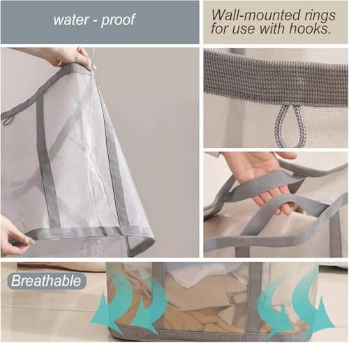 Mesh Bag with Handles, Collapsible Laundry Basket, Foldable Laundry Bag, Breathable Folding Beach Bag,Space-saving Travel Tote Bags (2, Brown) - color: Brown