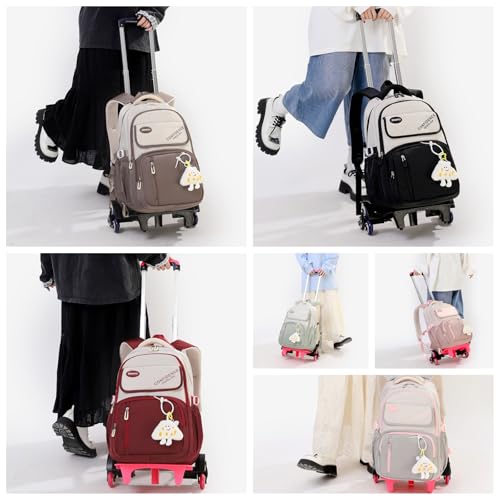 Rolling Backpack with 6 Wheels for Girls Boys, Kids Roller Book Bag for Elementary Middle School Wheeled Bag for Travel with Cute Pendant - color: 6 Wheels-275#grey