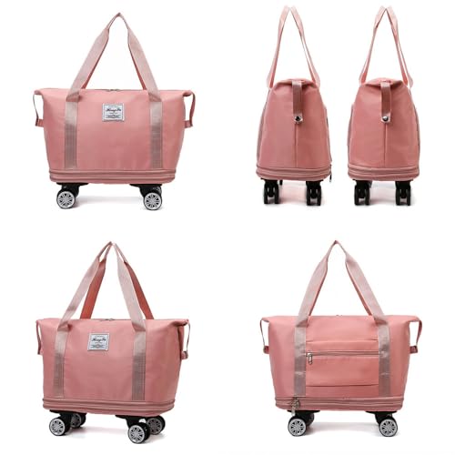 Travel Tote Bag with Trolley Sleeve Expandable Extra Duffel Bag with Wheels Lightweight Traveling Foldable Suitcase - color: Green