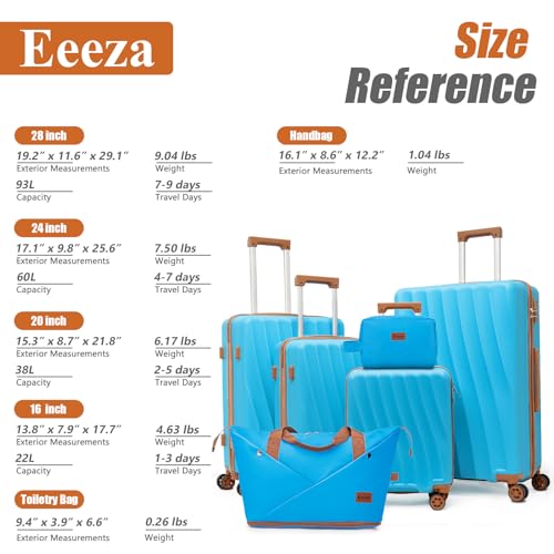 Eeeza Luggage Sets 6 Piece Suitcases (SkyBlue, 16"/20"/24"/28/DB/TB) - color: Sky Blue, size: 6 Piece Sets (16/20/24/28/DB/TB)