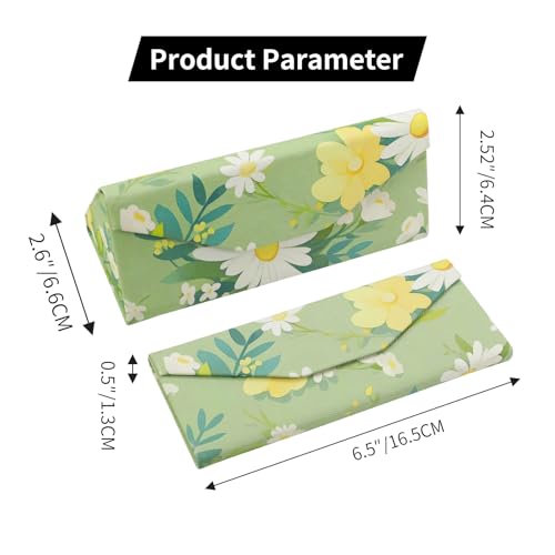 Foldable Glasses Case, Magnetic PU Leahter Sunglasses Case, Cute Hard Shell Folding Eyeglass Cases for Women Kids - color: Green Daisy
