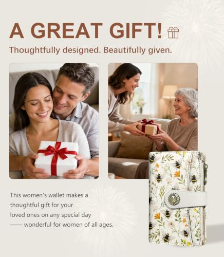 Bees Wallet Women RFID Bifold, Passport Holder, Credit Card Holder - color: Bees Flowers
